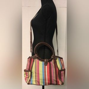 FOSSIL Striped Multicolor Canvas Handbag Purse Crossbody Braided Leather Straps